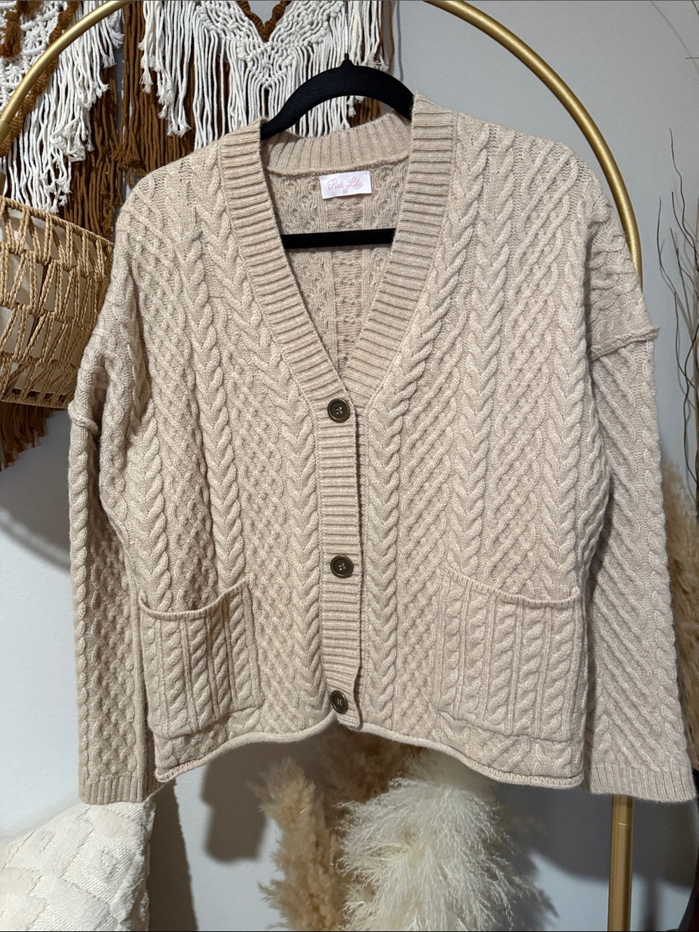 Pink Lily Cream Cable Knit Button Cardigan